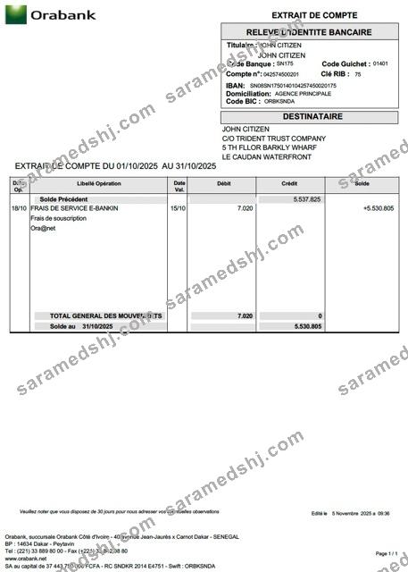 Togo Orabank account statement Word and PDF template